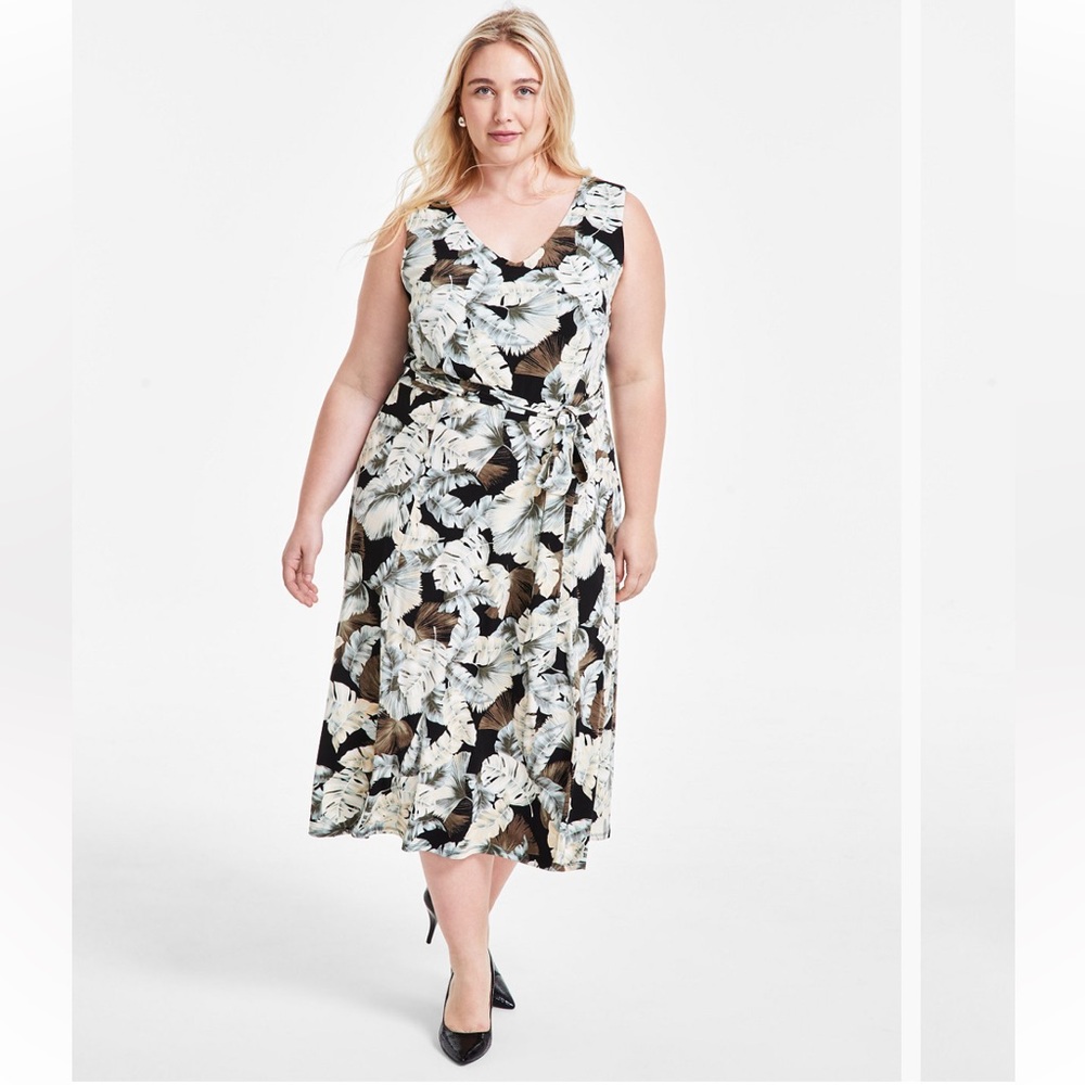 Kasper Plus Size Rhonda Printed Tie-Waist Fit & Flare Dress